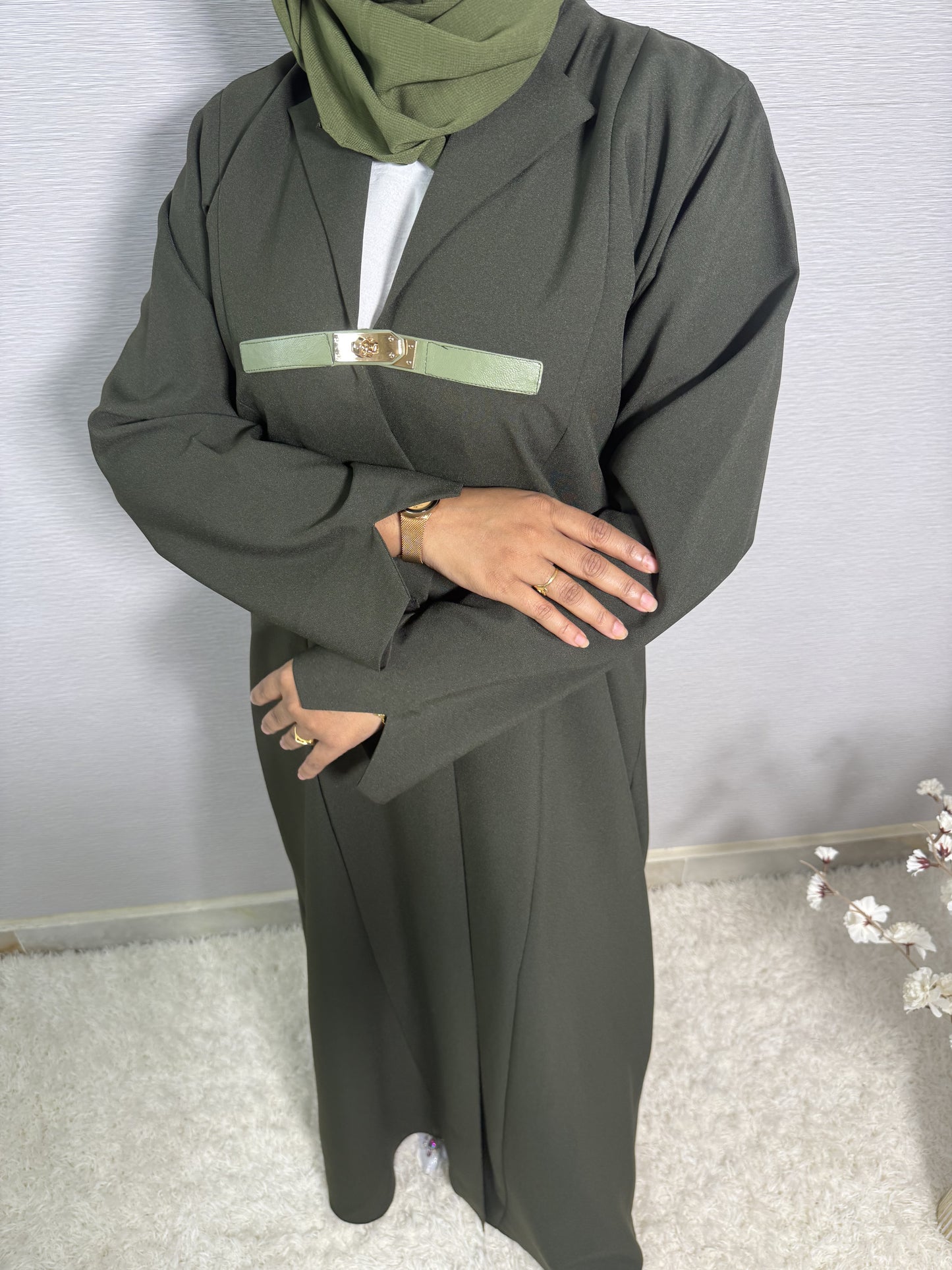 G042 Olive  Coat Abaya Set